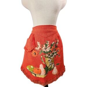 Vtg 60s Sue Sets NY Burlap Waist Apron, Fruit Floral Applique, Orange